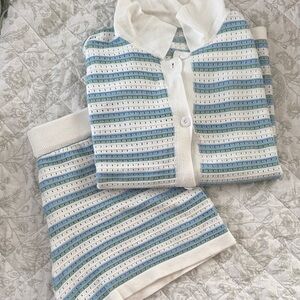 Women’s Knit Pajama Set - White with Blue & Green Stripes